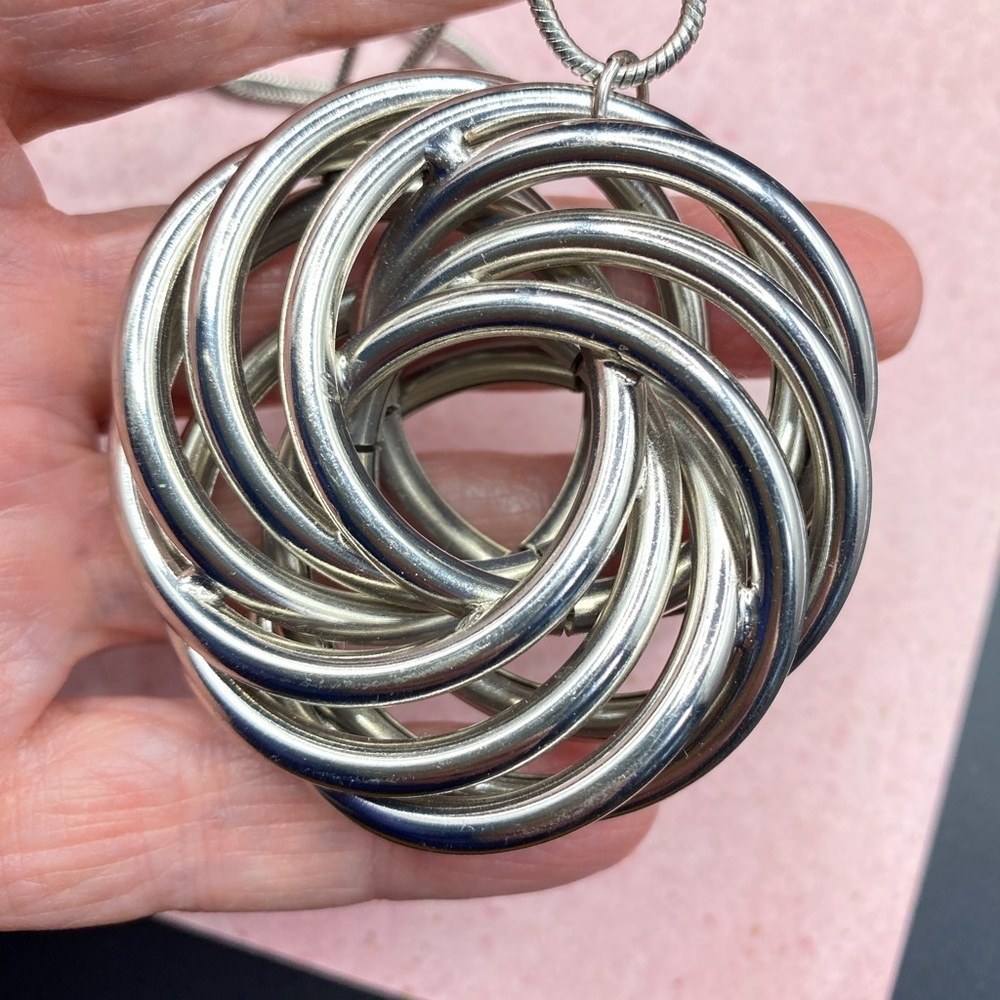 Long Silvertone Modern Spiral Pendant Necklace Snake Chain